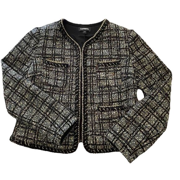 Express Metallic Plaid Tweed Blazer with Gold Chain Detail Classic Old Money-S - Picture 1 of 12